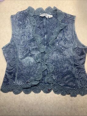 Flashback Couture denim vest with sequins & crochet lace cottage core Large